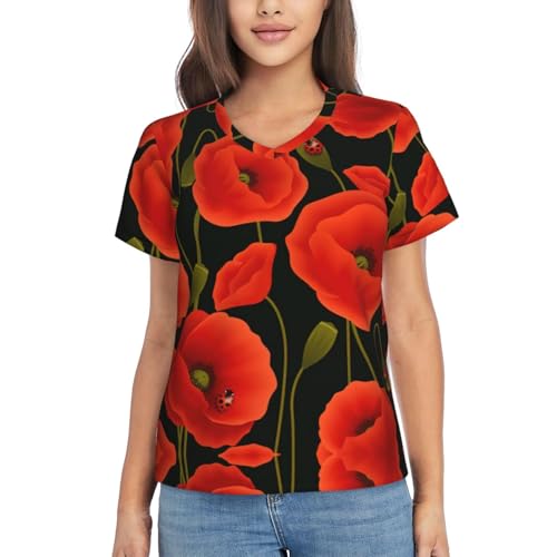 T-shirt de sport respirant col en V manches courtes fleurs coquelicot