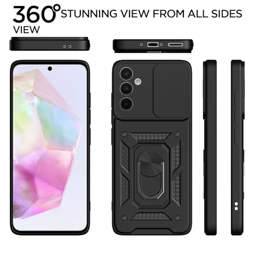 Image of Pikkme Back Cover for Samsung Galaxy A56 5G | D10 Tough Armor | 360 Protection Case | Sliding Camera Shield Cover & Ring Holder Stand Bumper Case (Black)