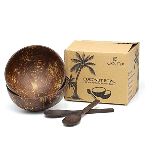 Kokosnussschalen Servierschale Smoothie Schüssel Acai und Löffel Geschenk Natürlich Handgemachte Politur mit Kokosöl Langlebig für Veganer Frühstück Servierschalen Party Eis Müsli (2, poliert) Cover