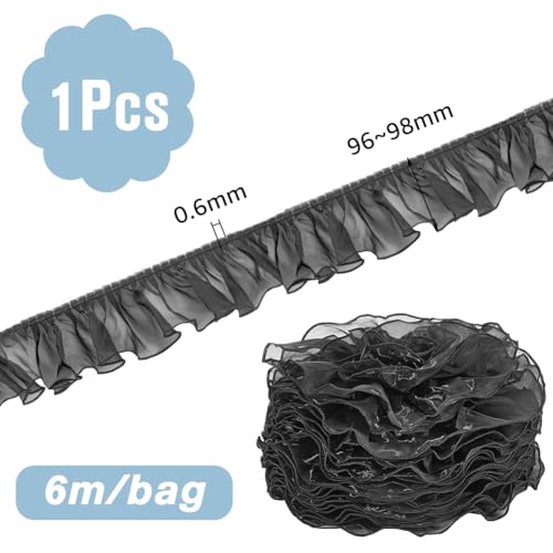 HOBBIESAY 6.56 Yard/6M Black Ruffle Ribbon Lace Polyester Pleated Lace Trim Satin Ruffled Ribbon for Dress Collars Sleeves Decoration Throw Pillow Halloween Cosplay Costume Decor - Image 2