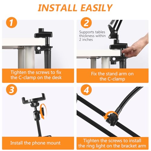 Overhead - Trípode para teléfono móvil con luz de anillo, flexible, soporte de brazo con anillo de luz LED, 3 colores de luz + 10 brillo, soporte de escritorio para YouTube, stream en vivo, cocina - imagen 3