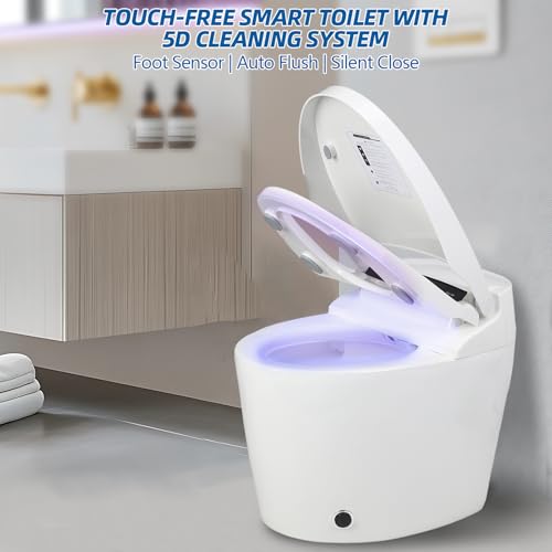 Inodoro inteligente de una pieza con bidé touchless, sensor de pie para descarga automática, asiento calefactado, limpieza dual con boquillas, secador de aire, luz nocturna LED, control remoto, inodoro moderno alargado sin tanque miniatura 3
