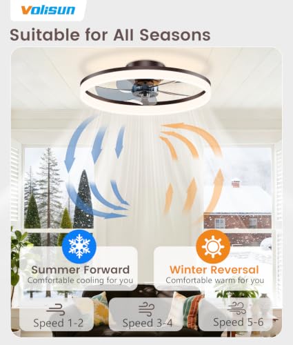 Image of VOLISUN Low Profile Ceiling Fans with Lights and Remote, 20in Fandelier Ceiling Fan Flush Mount, 3000K-6500K Smart Bladeless LED Fan Light, Brown Modern Ceiling Fans with Lights for Bedroom