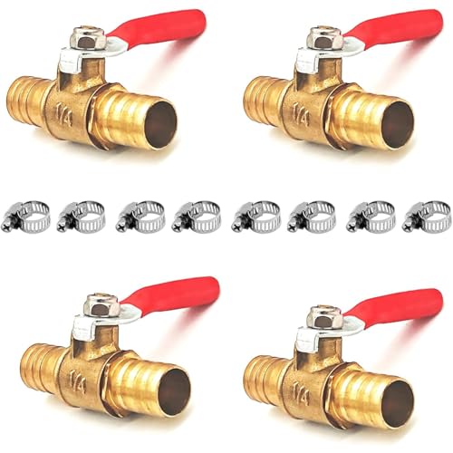 Paquete de 4 válvulas de bola de cierre de 2 vías de 12 mm con 8 abrazaderas, boquilla de manguera recta, mango de funcionamiento de 180 grados, válvula de latón (12 mm)