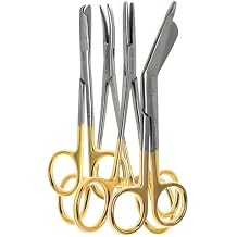 Set of 4 Bandage Scissors 5.5", Stitch Scissors 4.5" and Hemostat 5.5" Straight Curved Made of Premium Quality Stainless Steel Gold Handle