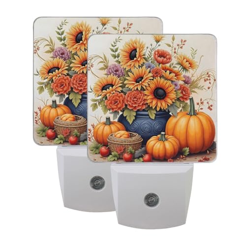 Image of Pumpkins Sunflowers Thanksgiving Night Lights 2 Pack Plug-in Wall Led Nightlight Auto Dusk-to-Dawn Sensor Lamps for Bedroom Kitchen Bathroom
