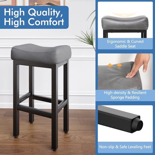 Image of 29 Inch Bar Height Bar Stools Set of 2, 29 inch Barstools for Kitchen Island Counter, Backless Bonded Leather Bar Height Stools with Thick Saddle Seats & Heavy Duty Metal Base, Easy Assembly, Gray /Black