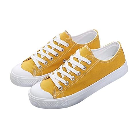 Rojeam Ladies Canvas Sneaker Casual Shoes for Women Lace Up Retro Plimsolls Plimsoles Low Top Flat Gym Sports Sneaker Yellow 4.5 UK Cover