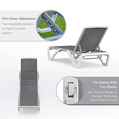 Image of Domi Patio Chaise Lounge Chair Set of 3,Outdoor Aluminum Polypropylene Sunbathing Chair with Adjustable Backrest,Arm,Side Table,for Beach,Yard,Balcony,Poolside(2 Grey Chairs W /Table)