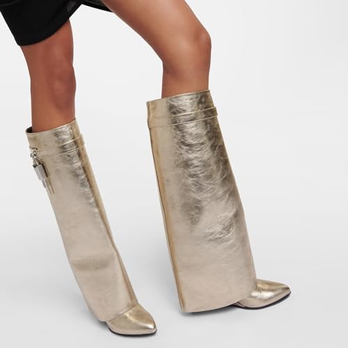 Image of Arqa Knee High Boots Womens Wedge High Heels Shark Boots Fold Over Pull-on Pointed Toe Tall Fashion Boots for Women