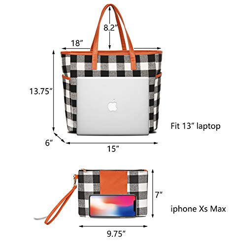 Monoblanks Women Buffalo Plaid Check Tote Set With Matching Wristlet,Personalized Top Handle Handbag Working Bag Best Gift For Her (White Buffalo Plaid) #TOP2