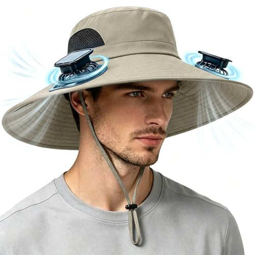 Solar Powered Fan Hat for Men Women Wide Brim Hat with 2 Fans UPF 50+ Outdoor Fishing Beach Sun Hat Khaki