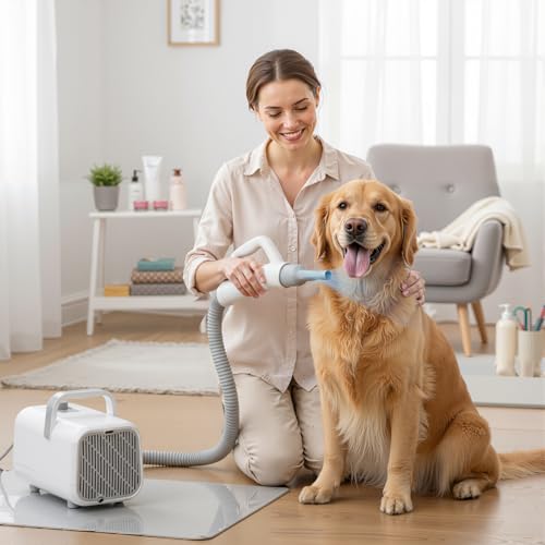 Image of DUMOS Dog Hair Dryer for Pet Grooming, Low Noise | Dog Blow Dryer with Adjustable Wind Speed & Heater Temperature, Cool-Warm-Hot Cycle Mode, 4 Nozzles, 6.5 FT Cord, White
