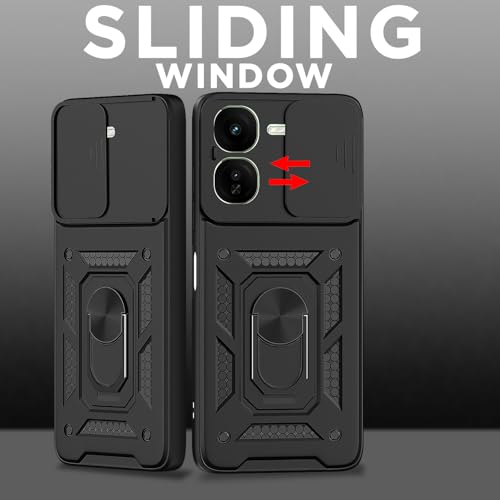 Image of Pikkme D10 Tough Armor Bumper Case | 360 Protection Case | Sliding Camera Shield Cover & Ring Holder Stand Back Cover for iQOO Z9X 5G (Black)