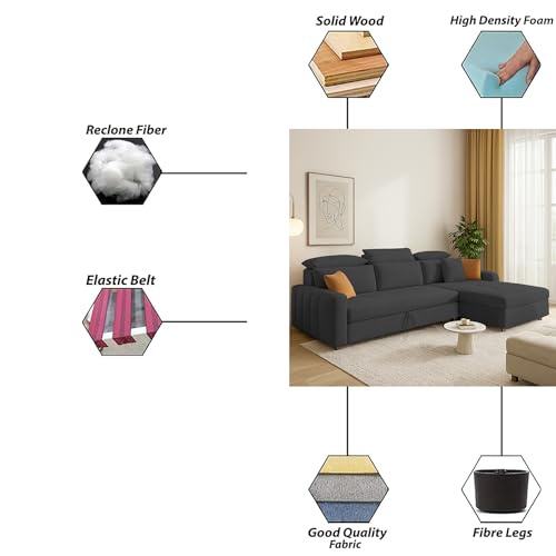 Image of Casaliving Gagnon RHS 4 Seater L Shape Corner Sofa Cum Bed for Living Room (Black Fabric) Premium Fabric Sofa