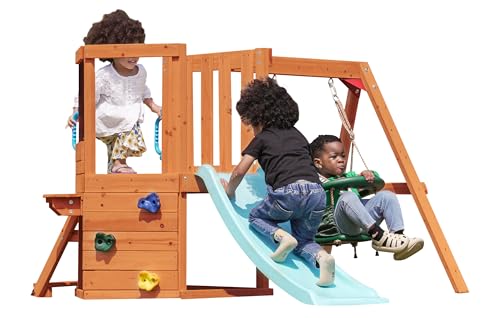 Image of Dolphin Playground 5-in-1 Toddler Swing Sets with Slide for Backyard, Toddler Outdoor Playset with Baby Swing, Table, Blackboard, Kid Slide, Rock Climbing Wall, Ages 18 mo to 4 yrs