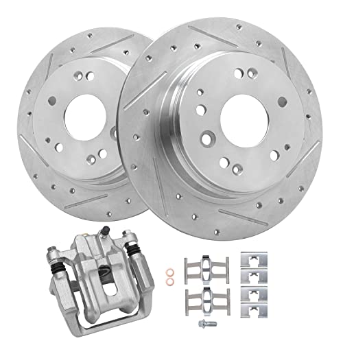 Image of Detroit Axle - Rear Drilled & Slotted Brake Rotors + Rear Right Disc Brake Caliper Replacement for Acura TL Honda Element - 3pc Set