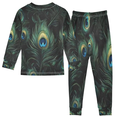 Pajama Sets Long Sleeve Green Peacock Feathers Soft Comfy Sleepwear 2 Piece PJS 3-8T3