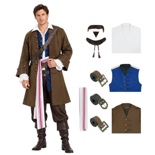 GVLAQST Men Pirate Costume Jack Sparrow Coat Vest Sash Pants Belt Goatee Beads Halloween Renaissance Party Outfit Brown M