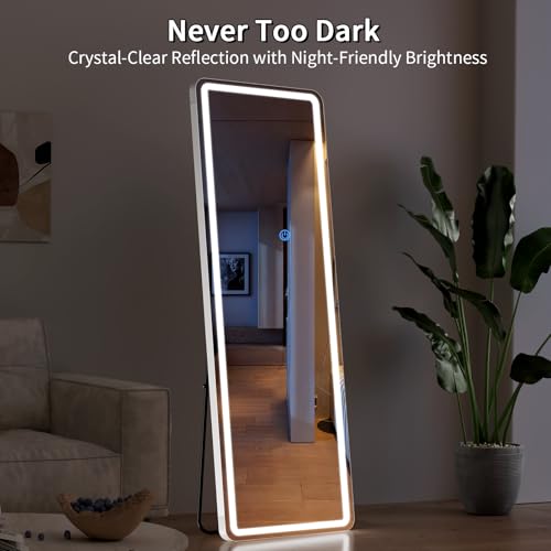 Image of Koonmi LED Full Length Mirror, 63 inchx20 inch Full Length Mirror with Lights, Lighted Floor Mirrors with Stand, Full Body Mirrors with Dimming & 3 Color Lightingfor Living Room Cloakroom, White