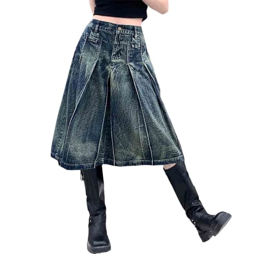 Women's Retro Denim Skirt, Washed Pleated Denim Skirt Loose fit Oversized A-line mid Length Skirt
