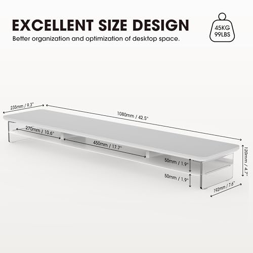 Image of Fenge 42.5 inch Dual Monitor Stand with Clear Acrylic Legs, White | Clear acrylic, storage compartment, 2-tier home office monitor riser, wide large desktop shelf fit monitor /laptop /printer