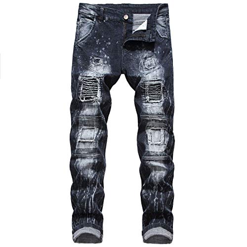 Kaxiya2021 Men's Ripped Slim Biker Jeans Hole Patch Jean Trousers Stretch Distressed Straight Patchwork Moto Denim Pants