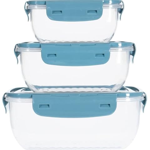 OrionMart Storage Boxes with Lids Rectangular Plastic Tupperware Set of 3 Fridge/Freezer Organiser Stackable | Air Tight Food Storage Containers BPA Free (Blue) Cover