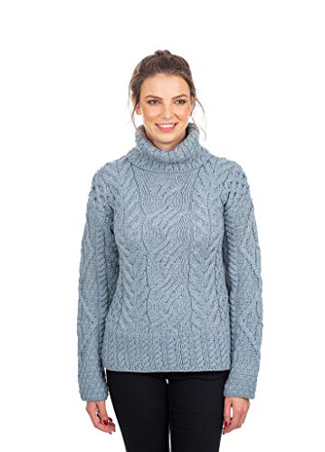 Image of SAOL 100% Super Soft Merino Wool Irish Cable Knit Turtleneck Women Sweater (Mist Marl, Medium)