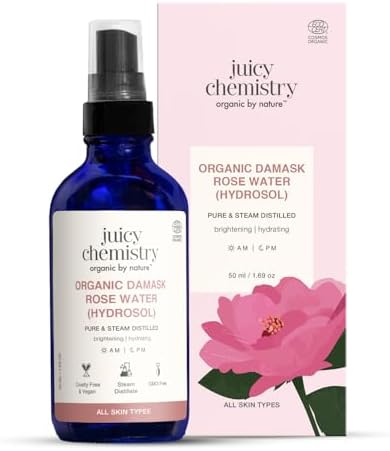 Juicy Chemistry Organic Damask Rose Water (Hydrosol), 50 ml | 100% Pure Steam Distilled | Brightens & Promotes Even Skin Tone | Boosts Skin Hydration | Dermatologically Tested | Clinically Proven