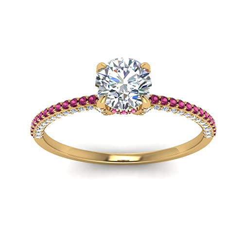 Image of Choose Your Gemstone Delicate Hidden Halo Diamond CZ Ring Yellow Gold Plated Round Shape Petite Engagement Rings Minimal Modern Design Birthday Gift Wedding Gift US Size 4 to 12
