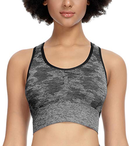 QUEENIEKE Sujetador deportivo para mujer, diseño de camuflaje, sin costuras, con espalda cruzada, talla 4/6, color gris Cover