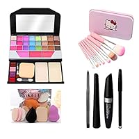 MYTYA Fashion Makeup Kit for Girls + Premium Hello Kitty Makeup Brushes 7 Piece + Kelli Makeup Sponges 6 Piece + Eye Liner & Kajal & Mascara & Eye Brow Pencil (4in1) (6155 Combo)