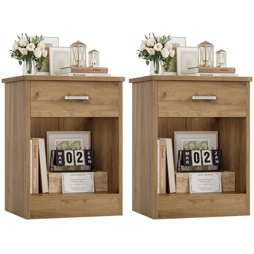 FOTOSOK Nightstand Set of 2, 2-Tier Side Table with Drawer and Storage Shelf, Bedside Table End Table, Modern Night Stand for Bedroom, Home Office,Wooden Grain