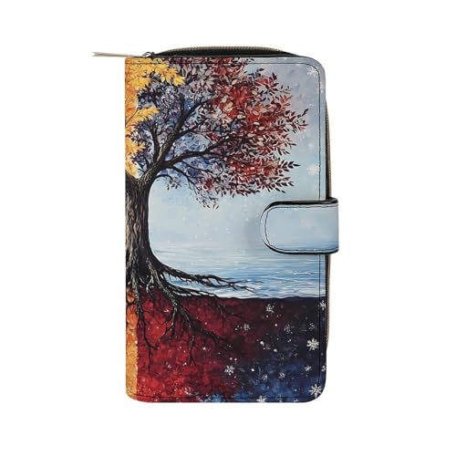 Winter Autumn Season Tree Leaves Stylish Leather Wallet Womens Mens Slim Purse Secure Card Holder Durable Bifold Clutch Handbag