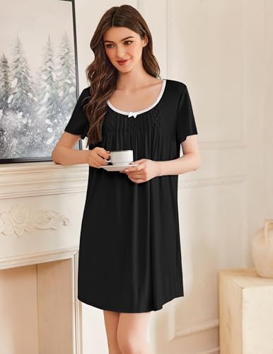 Image of Ekouaer Nightgowns for Women Pleated Sleep Shirts Short Sleeve Night Shirts Lace Trim Night Gown Ladies Sleep Dress