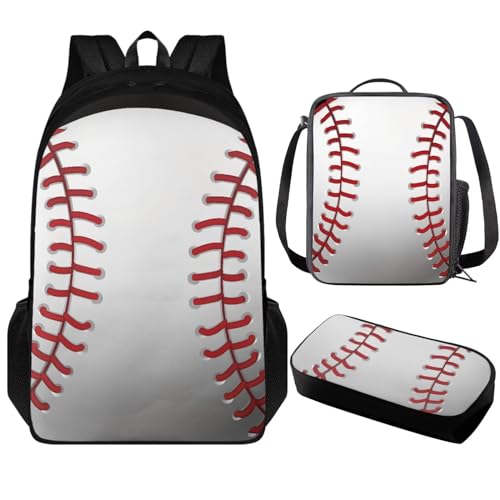 Baseball Boys Backpack 6-8 Years Old Cool Kids School Bag for Primary School Boys 3 In 1 Book Bag with Lunch Box Pencil Case, White