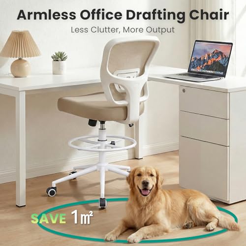 Image of Armless Drafting Chair Tall Office Chair for Standing Desk - Adjustable Height Mesh Ergonomic Stool with Foot Ring, Rolling Counter Height Computer Chair for Small Spaces & Home Office