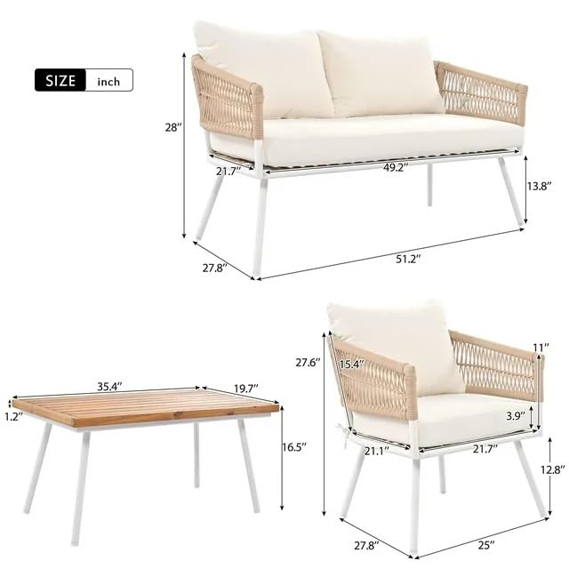 Image of 4 Seater Outdoor Rope Sofa Set | Modern Patio Furniture with All-Weather Woven Rope | Stylish & Comfortable Garden Lounge Seating (Beige)