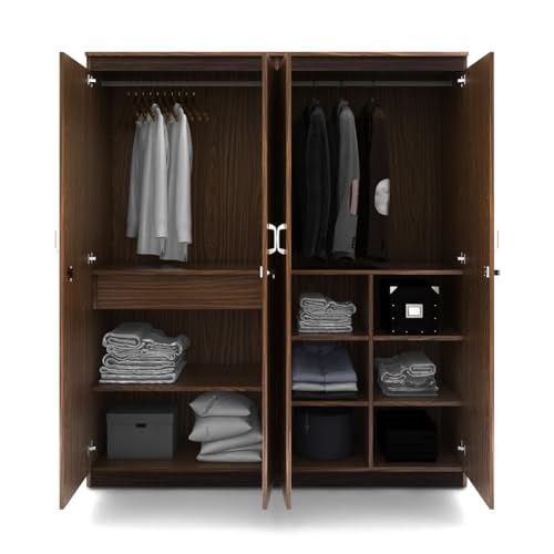 Image of Coral 4 Door Wardrobe | Engineered Wood | Mexican Walnut Finish | Hanging Rods, Shelves | Modern Storage Solution for Bedroom | Knock-Down Assembly | 3-Year Warranty