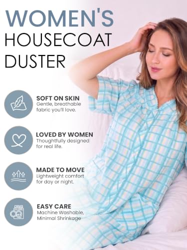 Image of Casual Nights Women's Snap - Front House Dress Short Sleeve Woven Housecoat Duster Lounger Robe with Pockets