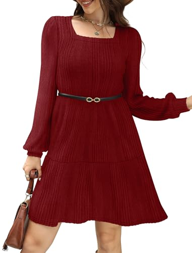 Image of Sampeel Womens Square Neck Long Sleeve Fall Dresses Casual Babydoll Sweater Dress