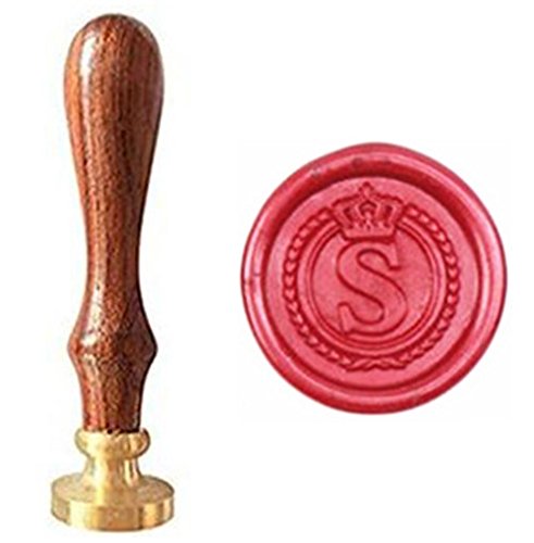 MDLG - Tampon vintage en forme de couronne de lettres de l'alphabet S - Avec poignée en bois - Pour invitations de mariage, cartes cadeaux Cover