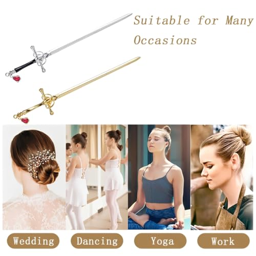 Image of Hair Stick for Bun, Chinese Hair Pin for Elegant Hairstyles, Sword Hair Pin for Weddings and Parties, 2PCS Set with Red Crystals in Golden and Silvery Finish