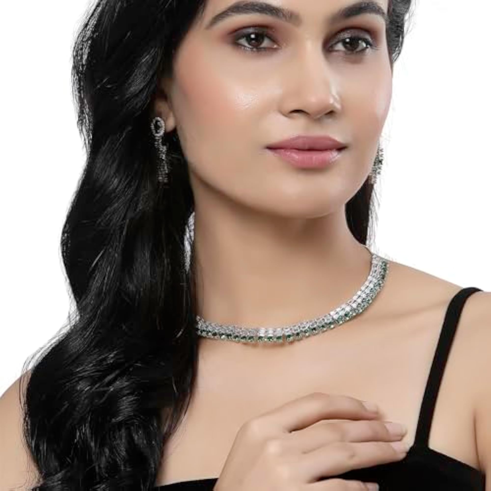 Rhodium-Plated Round Shape American Diamonds Necklace Set