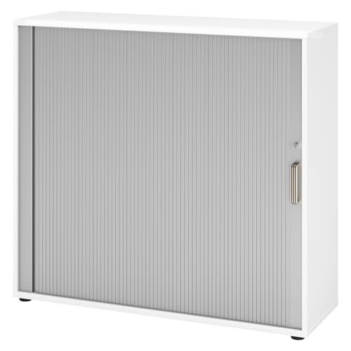 bümö Aktenschrank abschließbar mit Rollladen, Rollladenschrank für Ordner & Co. - Büroschrank mit Rollo, abschließbarer Ordnerschrank aus Holz in Weiß/Silber mit Streifengriff