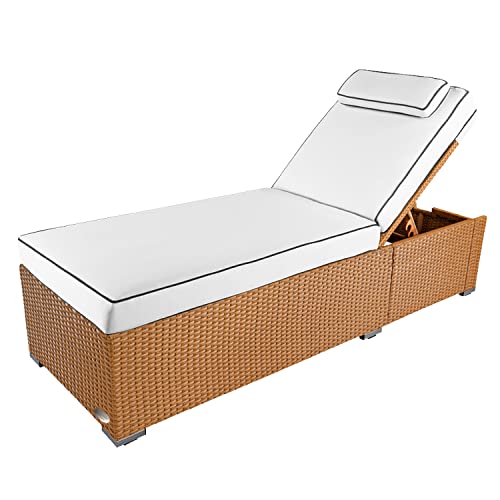 RS Trade Sonnenliege Verona High Natur - Outdoor Liege mit beständigem Poly-Rattan-Geflecht - verstellbare Rückenlehne – extra hoch & breite Liegefläche - inkl. Kopfteil und 12 cm Auflage