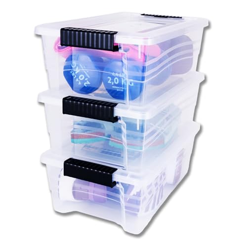 JOY Caja de Almacenamiento de Plástico Paquete de 3, Organizadora Apilable con Broche, Contenedor de 7 Litros. Tapa Duradera e Ideal para Organizar Zapatos, Ropa y Juguetes...