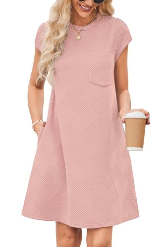 OUGES Womens 2026 Spring/Summer Maternity Clothes Dress for Baby Shower Photoshoot Short Cap Sleeve Crew Neck Casual Loose Basic Holiday T Shirt Mini Dresses for Women with Pockets(Deep Pink,L)