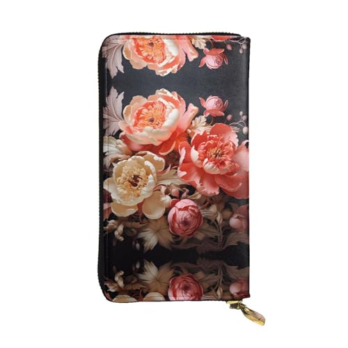 Portefeuille zippé pivoines vives : grande pochette longue et porte-cartes